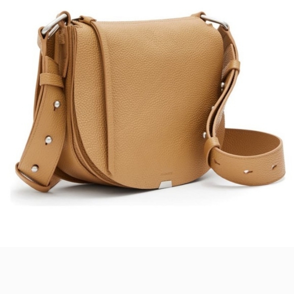 All Saints Round Tan Pebbled Leather Crossbody Bag Silver Hardware - Picture 3 of 14